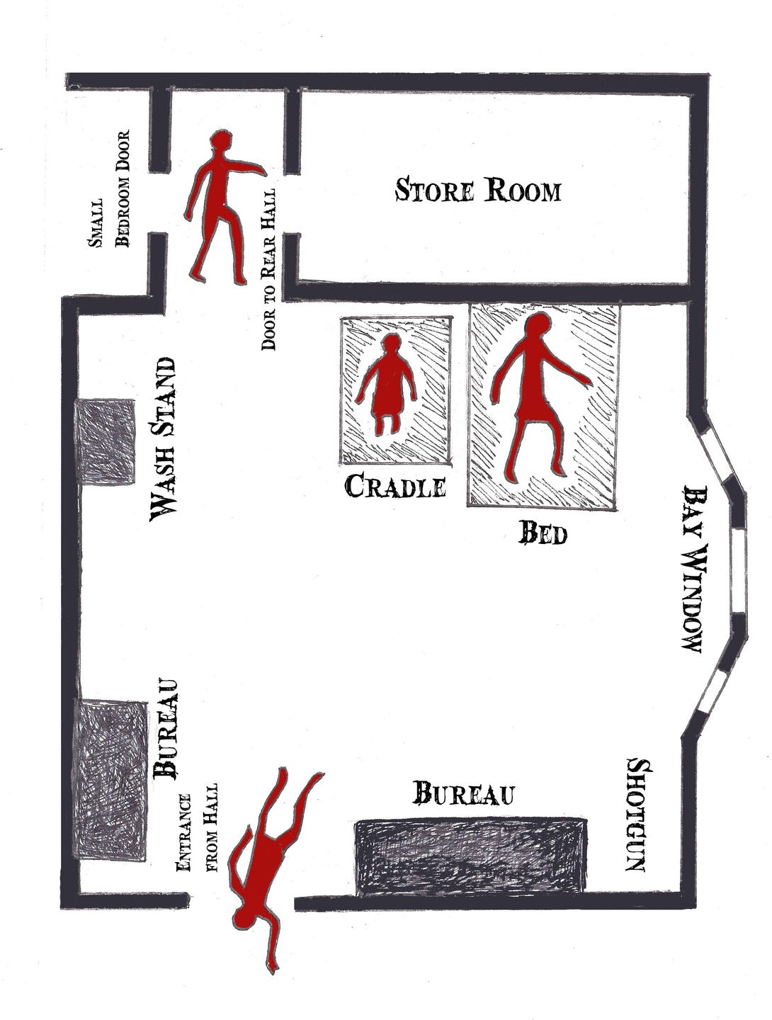 The drawing by artist Lauren Curtis is a recreation of the crime scene created at the author's request and allows for crime scene analysis.