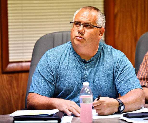 Heidelberg Township Supervisor Matt Bollinger listens to representatives from Northern York County Regional Police Department and York Area Regional Police Department as they propose potential service to Heidelberg Township during a township meeting in Heidelberg Township, Wednesday, Oct. 2, 2019. Dawn J. Sagert photo