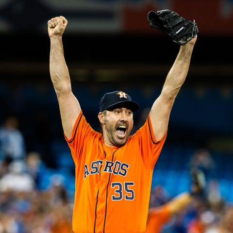Justin Verlander celebrates throwing a no-hitter.