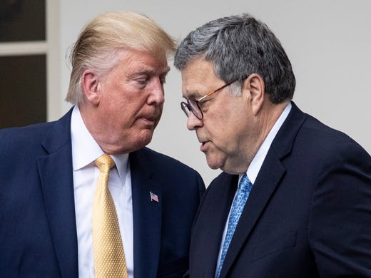 In the July 25 telephone call conversation with Ukraine President Zelensky, Trump refers to Attorney General William Barr and his personal lawyer Rudy Giuliani several times. Seen here, President Trump hands over the podium to Attorney General William Barr while participating in an announcement on US citizenship and the census in Washington, DC, on July 11, 2019.