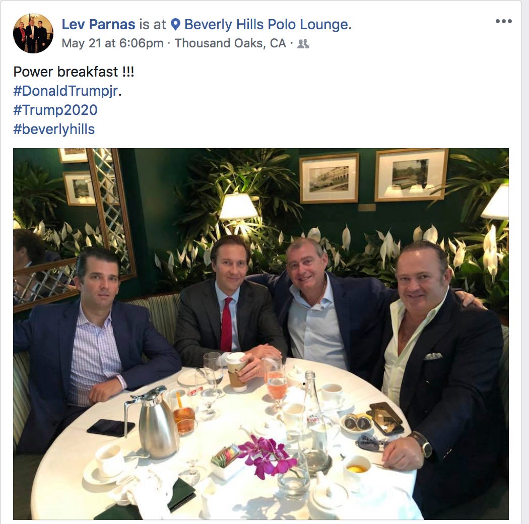 This Facebook image posted on on May 21, 2018,  shows (from left) Donald Trump Jr., Tommy Hicks Jr., Lev Parnas and Igor Fruman. It was provided by The Campaign Legal Center.