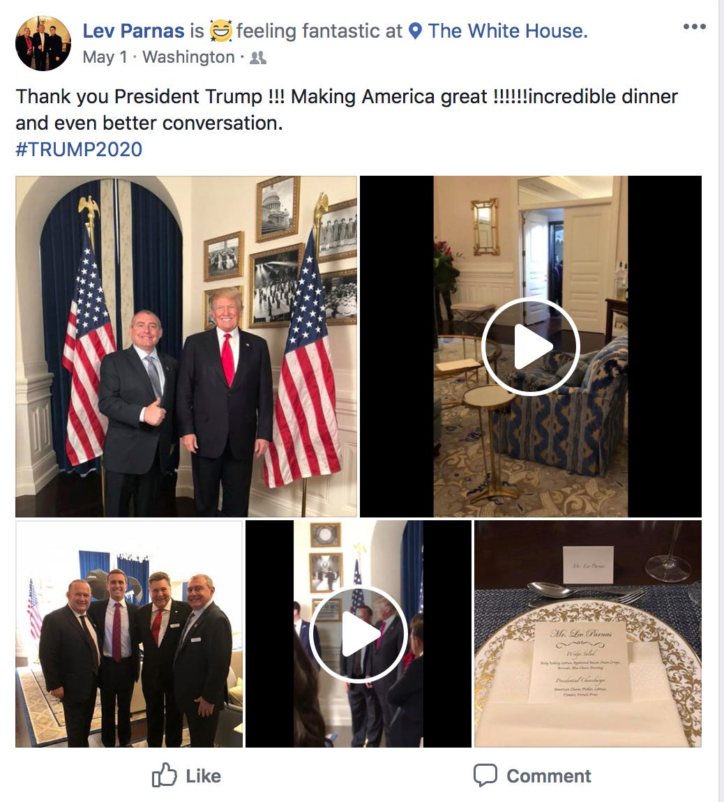 This Facebook screen shot provided by The Campaign Legal Center, shows President Donald Trump standing with Lev Parnas, top left photo, at the White House in Washington, posted on May 1, 2018.