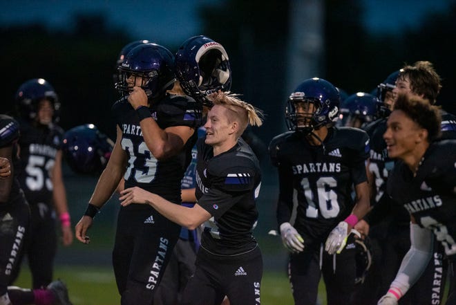Lakeview football players celebrate their win over Lakeshore on Friday, Oct. 4, 2019 at Lakeview High School in Battle Creek, Mich.