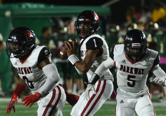 Parkway quarterback Gabe Larry prepares to pass while protected by Jamall Asberry (6) and Rontavious Richmond (5).