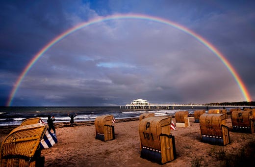 A rainbow appears over the Baltic Sea in Timmendorfer Strand, Germany, Oct. 5, 2019.