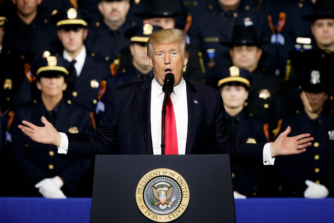 Trump speaks about anti-gang activity efforts in Suffolk County, New York, at Suffolk Community College in Brentwood, New York, USA, 28 July 2017.