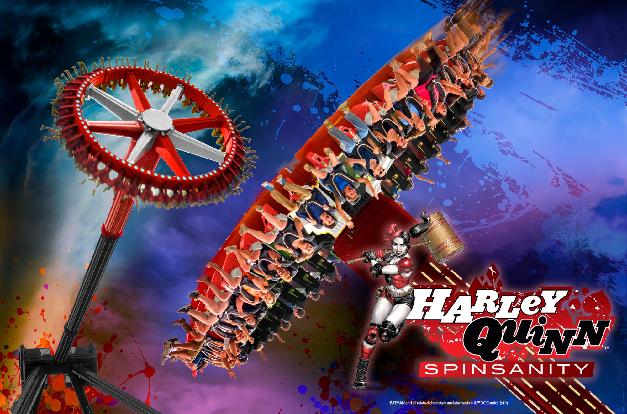 Promotional photo of Harley Quinn Spinsanity at Six Flags America.