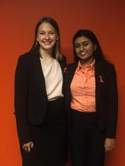 Director of March for Our Lives Arizona Catherine Broski (left) and Communications co-Director Induja Kumar pose at an event on Aug. 5, 2019, at the Arizona State University's Walter Cronkite School of Journalism and Mass Communication.