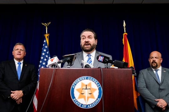Attorney General Mark Brnovich speaks at a press conference announcing the multi-state investigation, arrest and criminal indictment involving Maricopa County Assessor Paul D. Petersen at the  Office of the Attorney General on Oct. 9, 2019.