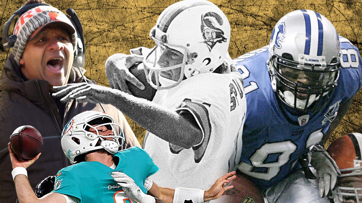 Former Browns coach Hue Jackson, Dolphins QB Josh Rosen (3), former Buccaneers QB Steve Spurrier (11) and former Lions WR Calvin Johnson (81).