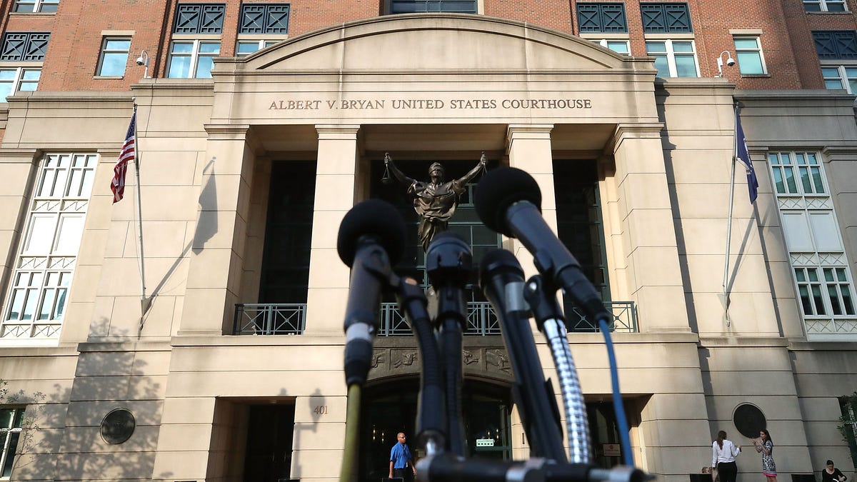Microphones are setup in front of the Albert V. Bryan United States Courthouse on August 16, 2018 in Alexandria, Virginia.