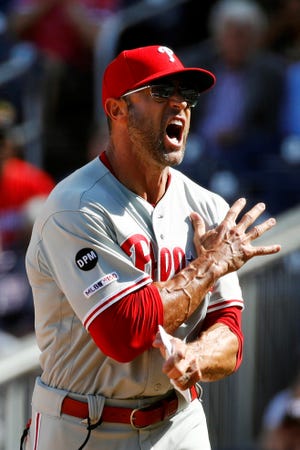FILE - In this Sept. 24, 2019, file photo, Philadelphia Phillies manager Gabe Kapler reacts after Brad Miller was ejected by umpire Alan Porter after striking out looking in the sixth inning of the first baseball game of a doubleheaderÂ against the Washington Nationals, in Washington. The Phillies fired Kapler Thursday, Oct. 10, 2019. (AP Photo/Patrick Semansky, File)