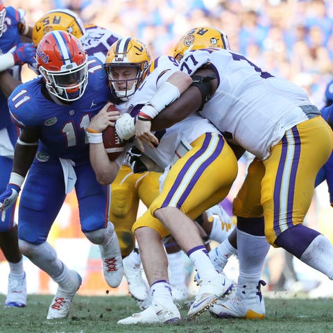 LSU quarterback Joe Burrow is talked by Florida de
