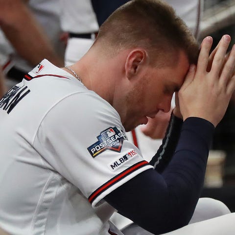 Freddie Freeman looks on during the Game 5 loss.