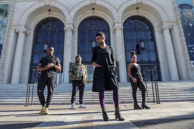  Tylonn J. Sawyer, Rashaun Rucker, Scheherazade Washington Parrish and Sydney G. James are members of the Vanguard Artist Collective and pose for a portrait outside of the Detroit Institute of Arts on Tuesday, Oct. 8, 2019. All three visual artists, Rucker, Sawyer and James are opening a solo show this month and Parrish is is an educator and writer with the James and Grace Lee Boggs School in Detroit. 