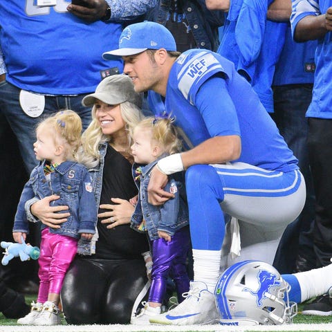Detroit Lions quarterback Matthew Stafford with hi