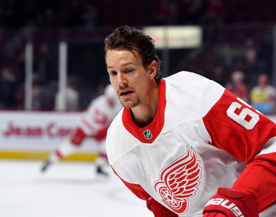 Detroit Red Wings defenseman Danny DeKeyser skates during warmups before the game against the Montreal Canadiens at the Bell Centre, Oct. 10, 2019.