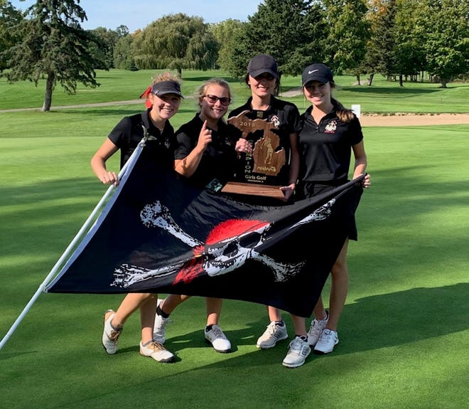 Pinckney's girls golf team of (left to right) Olivia Ohmer, Maddy Worrilow, Allison Elliott and Carlee Christopher won the first regional championship in program history on Thursday, Oct. 10, 2019.