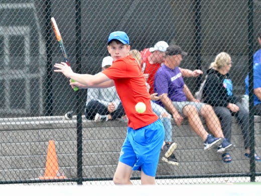 St. Clair boys tennis player Eli Pinnoo competes in the Division 3 regional on Friday, Oct. 11, 2019.