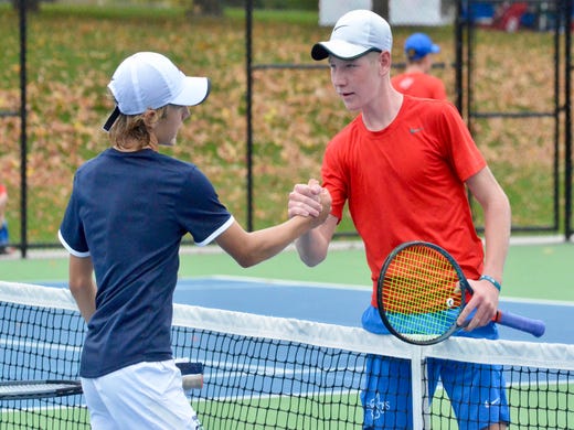 St. Clair boys tennis player Derek Distelrath competes in the Division 3 regional on Friday, Oct. 11, 2019.
