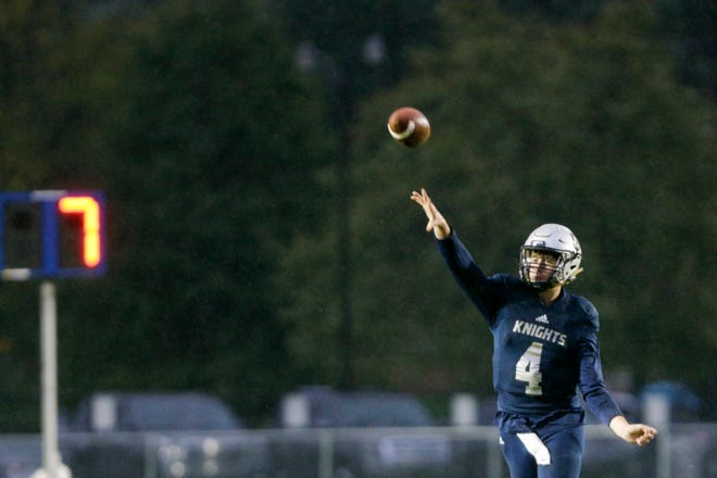 Central Catholic's Clark Barrett (4) throws during the first quarter of an IHSAA football game, Friday, Oct. 11, 2019 in Lafayette. Central Catholic won, 52-7