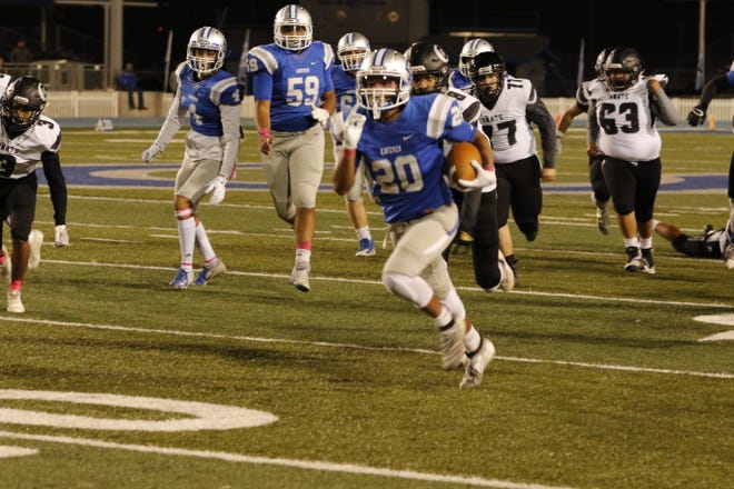 Carlbad's Nate Najar runs for a 39-yard touchdown against Oñate during their Week 7 game on Oct. 11, 2019. Najar scored four touchdowns and Carlsbad won, 50-7.