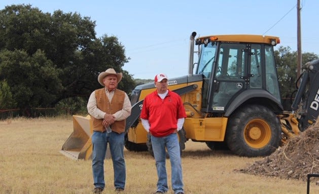 Tom Green County commissioner Bill Ford and John Bendure were part of a groundbreaking ceremony Saturday, Oct. 12, 2019, in Pugh Park in Christoval for a new athletic complex housing baseball, softball and cross country areas for use by Christoval ISD and Christoval Little League.