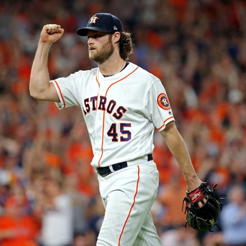 Houston Astros starting pitcher Gerrit Cole reacts