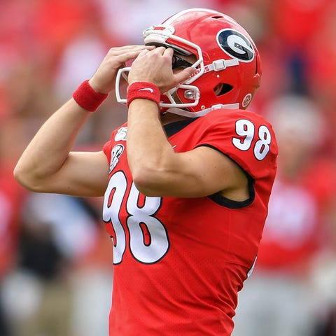 Georgia place kicker Rodrigo Blankenship (98) reac