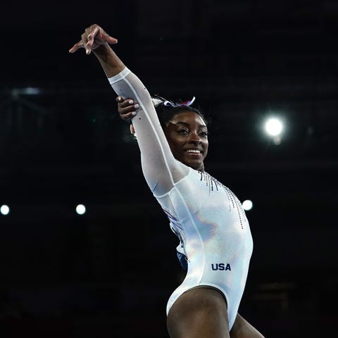 USA's Simone Biles performs on the floor in the wo
