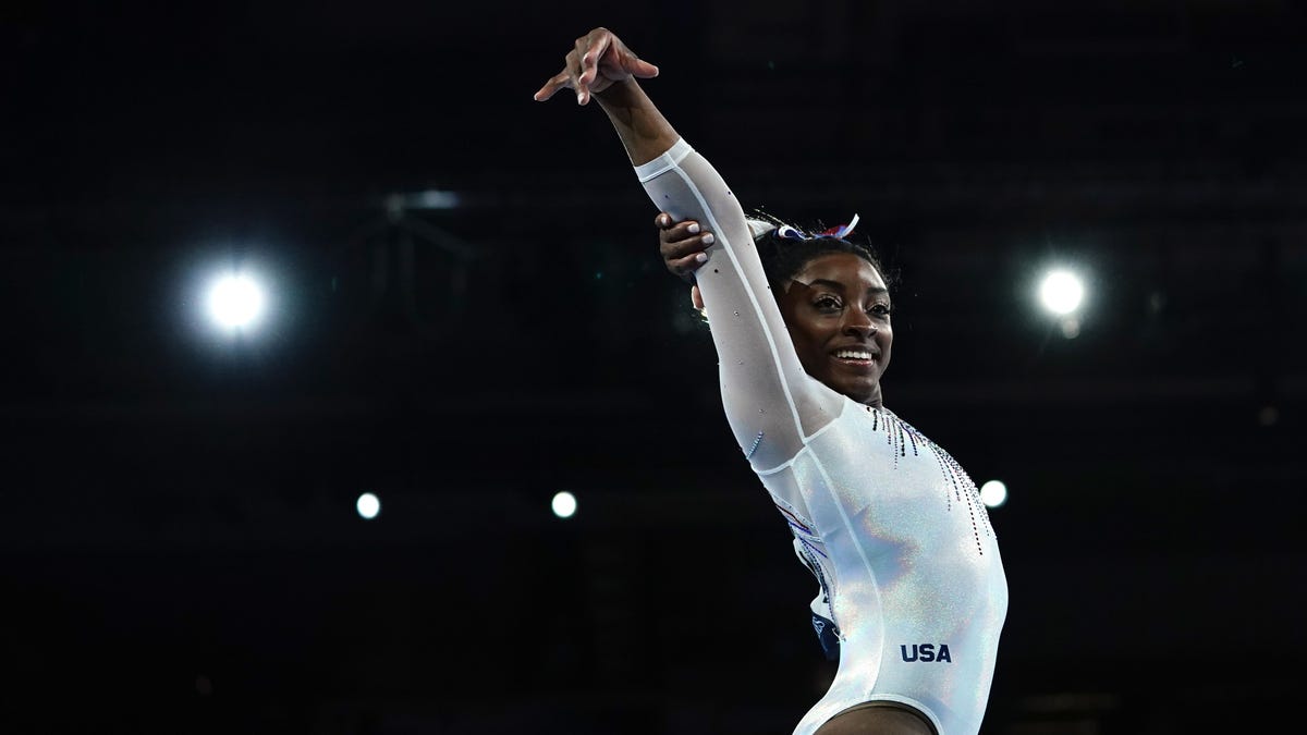 USA's Simone Biles performs on the floor in the womens all-around final at the FIG Artistic Gymnastics World Championships.