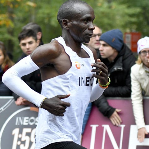 Kenya's Eliud Kipchoge is pictured running during 