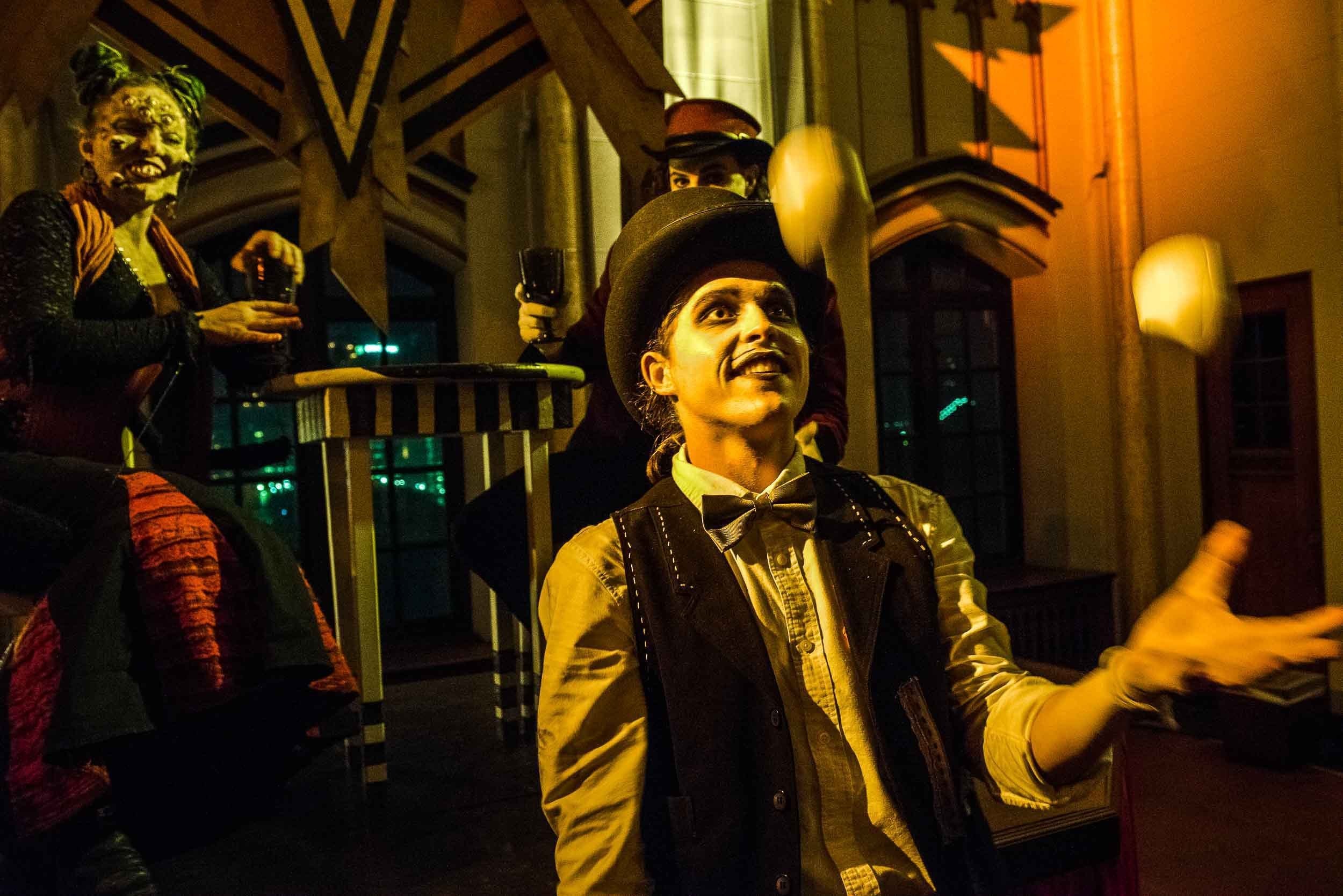 A juggler at the first weekend of the 2019 edition of Theatre Bizarre at Detroit’s Masonic Temple on Saturday, Oct. 12, 2019.