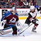 Oct 12, 2019; Denver, CO, USA; Arizona Coyotes center Phil Kessel (81) attempts a shot on Colorado Avalanche goaltender Pavel Francouz (39) in the first period at the Pepsi Center. Mandatory Credit: Ron Chenoy-USA TODAY Sports