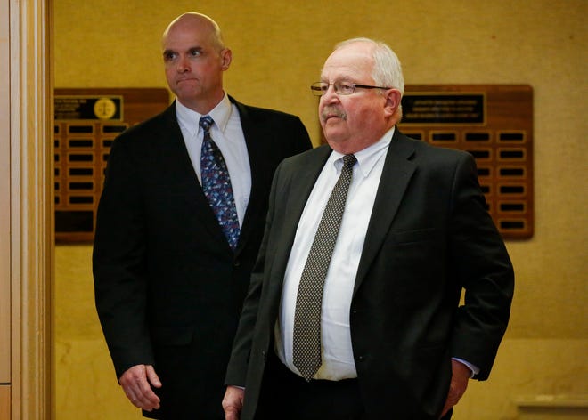 Jason Sypher and defense attorney Gary Kryshak enter the courtroom on Monday, October 14, 2019, at the Portage County Courthouse in Stevens Point, Wis. Sypher is accused of murdering his wife, Krista Sypher, who went missing in March 2017 and has not been found.Tork Mason/USA TODAY NETWORK-Wisconsin