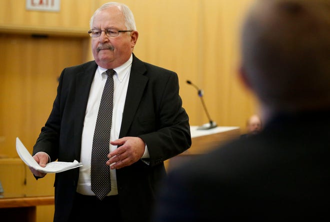 Defense attorney Gary Kryshak heads back to his seat after delivering his opening statement to the jury on Monday, October 14, 2019, at the Portage County Courthouse in Stevens Point, Wis. Jason Sypher is accused of murdering his wife, Krista Sypher, who went missing in March 2017 and has not been found.Tork Mason/USA TODAY NETWORK-Wisconsin