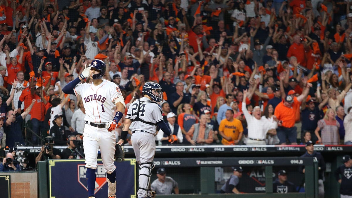 Carlos Correa celebrates after smacking a walk-off home run to lift the Houston Astros to a 3-2 victory in Game 2 of the ALCS vs. the New York Yankees.