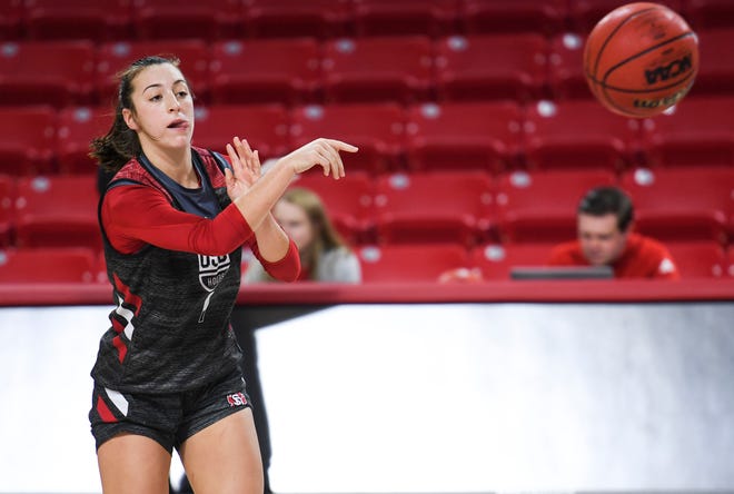 USD guard Claudia Kunzer passes off the ball during USD basketball media day on Tuesday, Oct. 15, 2019 at the Sanford Coyote Sports Center. 