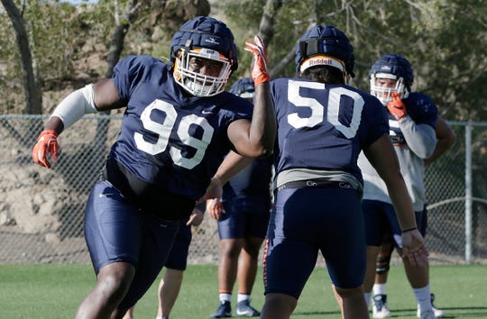 UTEP senior defensive lineman Chris Richardson works on drills during Tuesdayu2019s practice at Glory Road Field. 