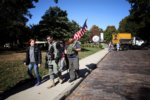WESTERVILLE, OHIO - OCTOBER 15: Gun rights supporters demonstrate on the campus of Otterbein University, site of this evenings Democratic presidential debate, October 15, 2019 in Westerville, Ohio. Hosted by CNN and The New York Times, the debate will see 12 candidates on stage for three hours. (Photo by Win McNamee/Getty Images) ORG XMIT: 775421369 ORIG FILE ID: 1181262558