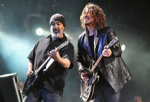 LONDON, ENGLAND - JULY 13: Kim Thayil and Chris Cornell of American rock group Soundgarden perform live on stage during the first day of Hard Rock Calling, at Hyde Park on July 13, 2012 in London, England. (Photo by Jim Dyson/Getty Images)