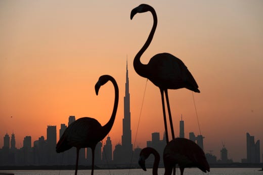 The sun sets behind the Burj Khalifa, the world's tallest building, framed by flamingo statues, in Dubai, United Arab Emirates on Oct. 15, 2019.