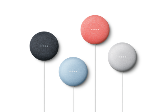 Google's new Nest Mini comes in sky blue, chalk, charcoal and coral.