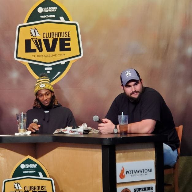 Green Bay Packers running back Aaron Jones (left) co-hosted Tuesday's Clubhouse Live in Appleton. Jones' guest was Packers offensive lineman Lucas Patrick (right).