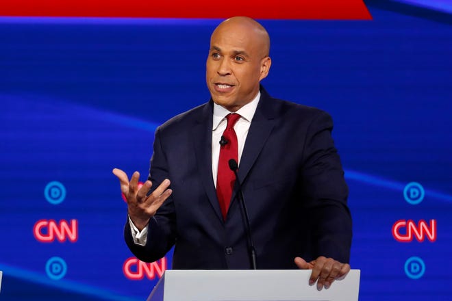 Democratic presidential candidate Sen. Cory Booker, D-N.J., speaks during a Democratic presidential primary debate hosted by CNN/New York Times at Otterbein University, Tuesday, Oct. 15, 2019, in Westerville, Ohio.