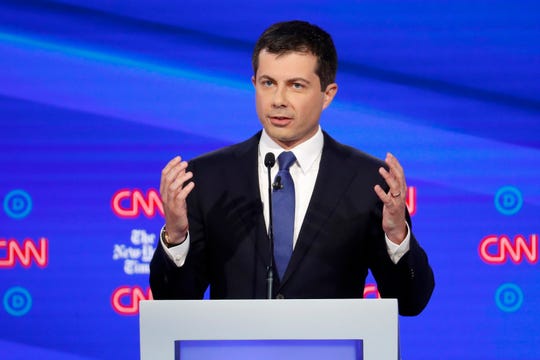 Democratic presidential candidate Pete Buttigieg speaks during a debate hosted by CNN/New York Times on Tuesday, Oct. 15, 2019, in Westerville, Ohio.