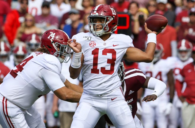 Alabama quarterback Tua Tagovailoa drops back to pass during the first quarter against Texas A&M at Kyle Field.