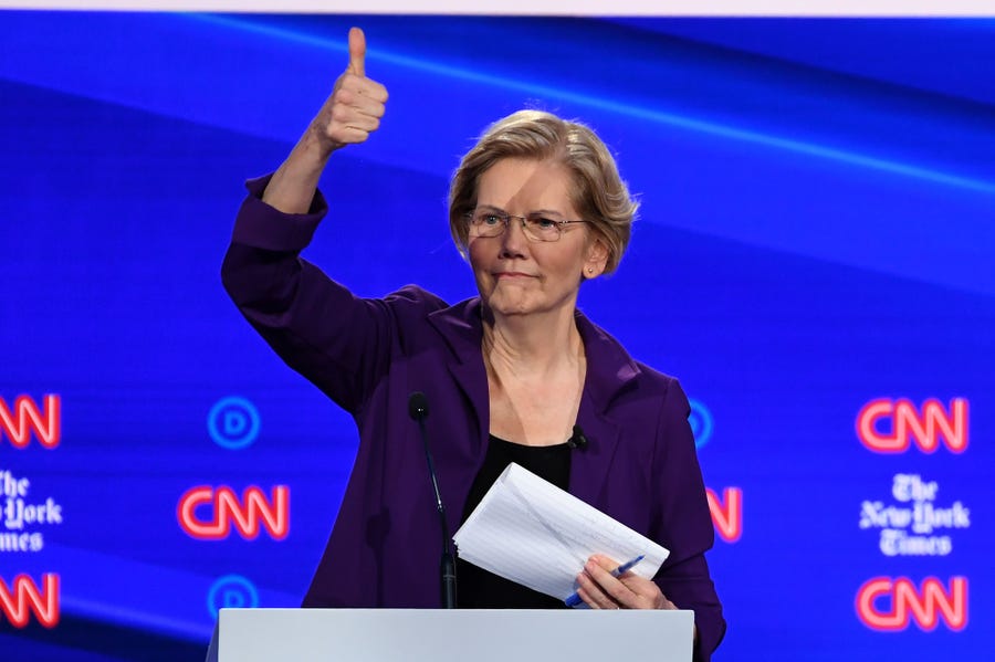 Sen. Elizabeth Warren of Massachusetts at the Democratic debate on Oct. 15, 2019, in Westerville, Ohio.