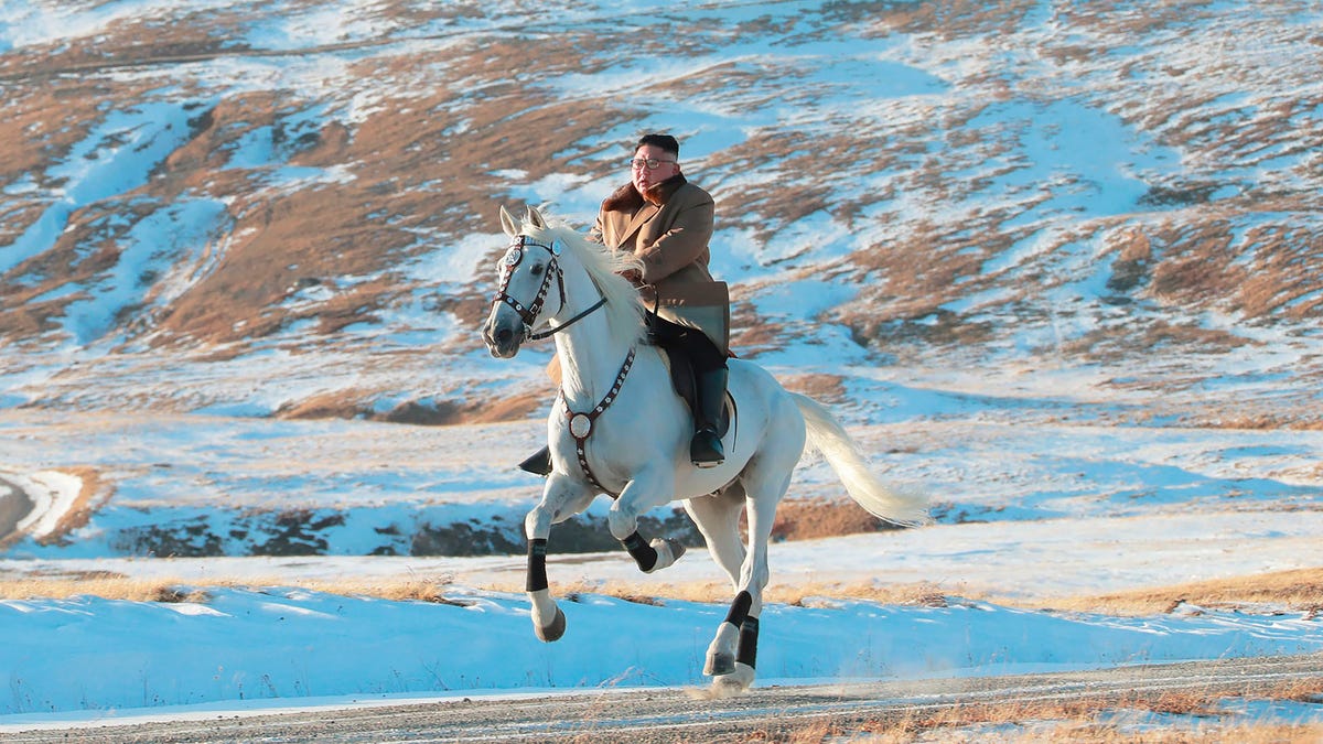 In this undated photo provided on Wednesday, Oct. 16, 2019, by the North Korean government, North Korean leader Kim Jong Un rides a white horse to climb Mount Paektu, North Korea. Independent journalists were not given access to cover the event depicted in this image distributed by the North Korean government. The content of this image is as provided and cannot be independently verified. Korean language watermark on image as provided by source   reads: "KCNA" which is the abbreviation for Korean Central News Agency.