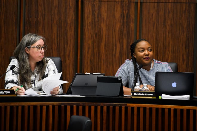 Shontavia Jackson Johnson, right, and Meg Terry of the Greenville Planning Commission during a meeting Thursday, Oct. 17, 2019, at Greenville City Hall.